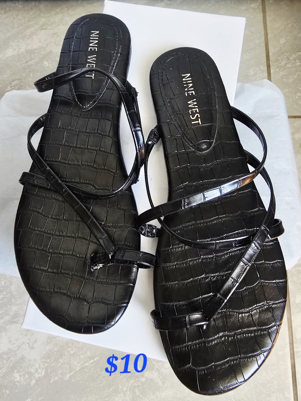 Nine West Black Croc-Texture Strappy Flat Sandals